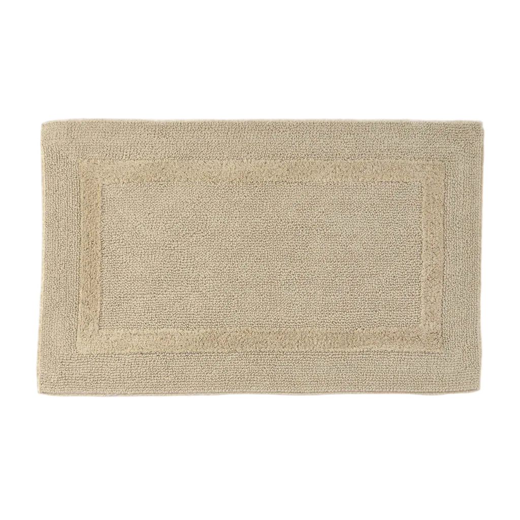 Beige bath mat with a textured border on a white background