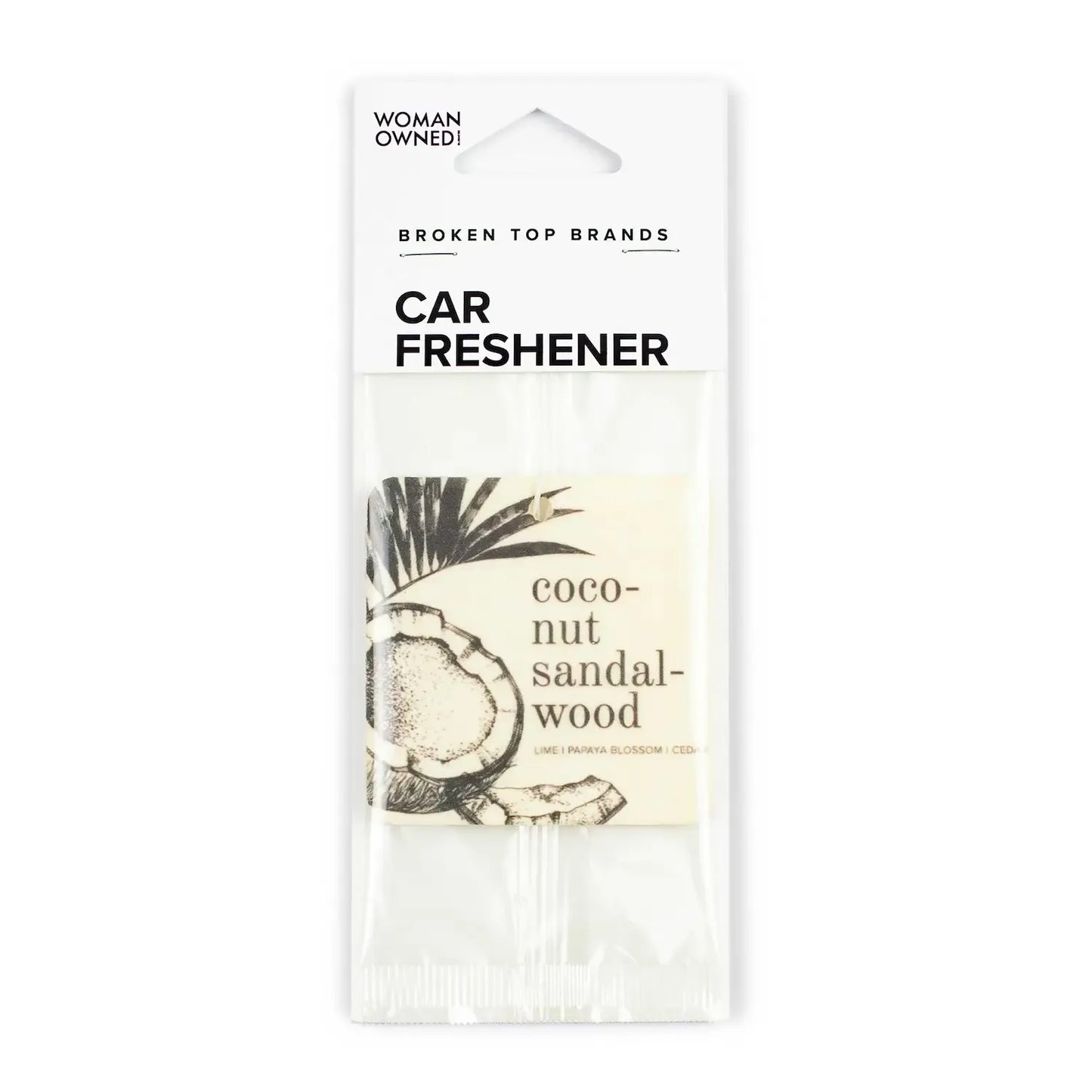 Car freshener packaging with coconut sandalwood scent on a white background