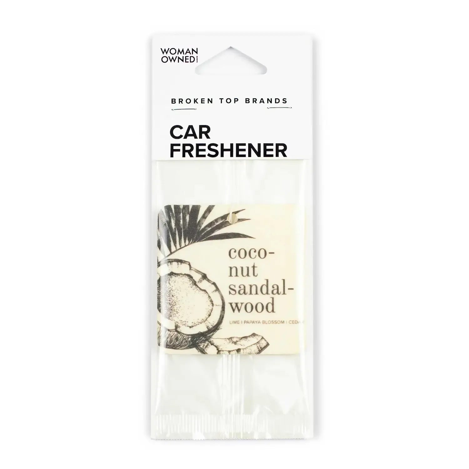 Car freshener packaging with coconut sandalwood scent on a white background