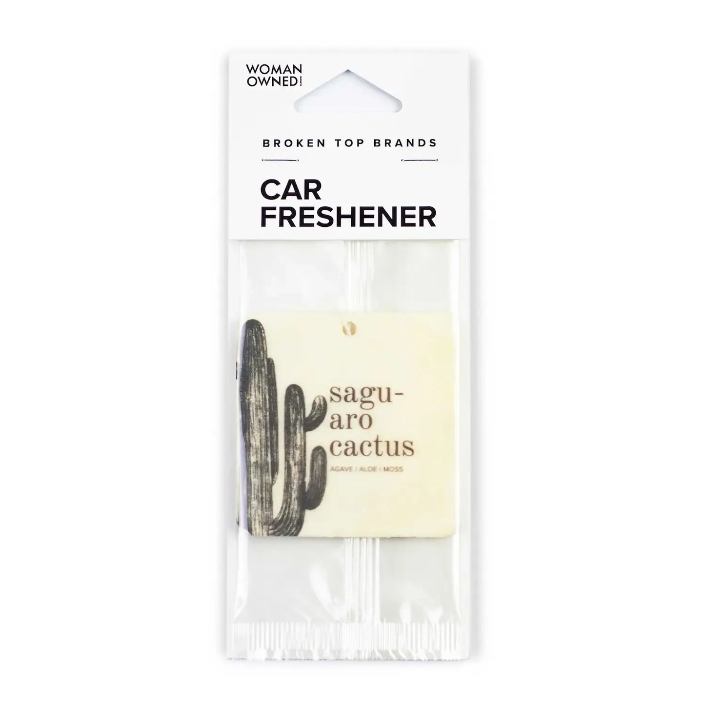 Car freshener packaging with saguaro cactus design on a white background