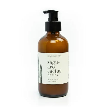 Amber lotion bottle with pump labeled 'saguaro cactus lotion' on a white background