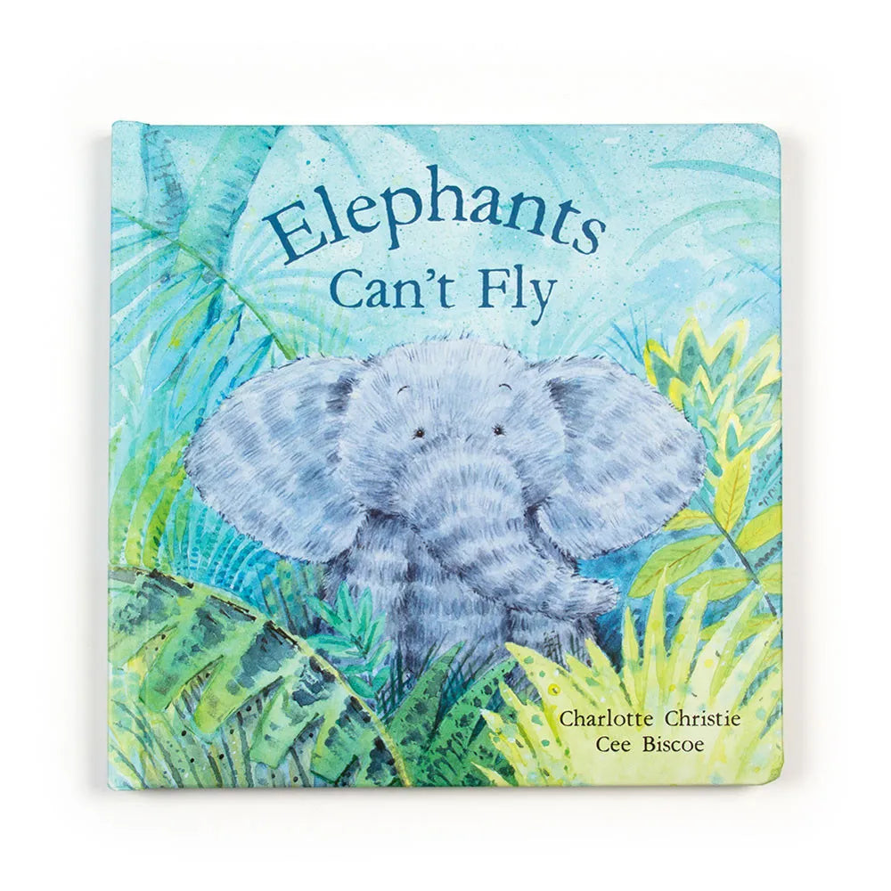 Children's book titled 'Elephants Can't Fly' with a blue elephant illustration on a green leafy background.