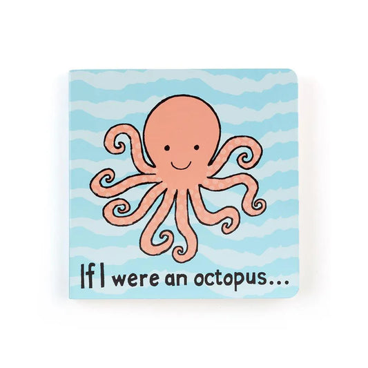 Children's book with an octopus illustration on a blue striped background