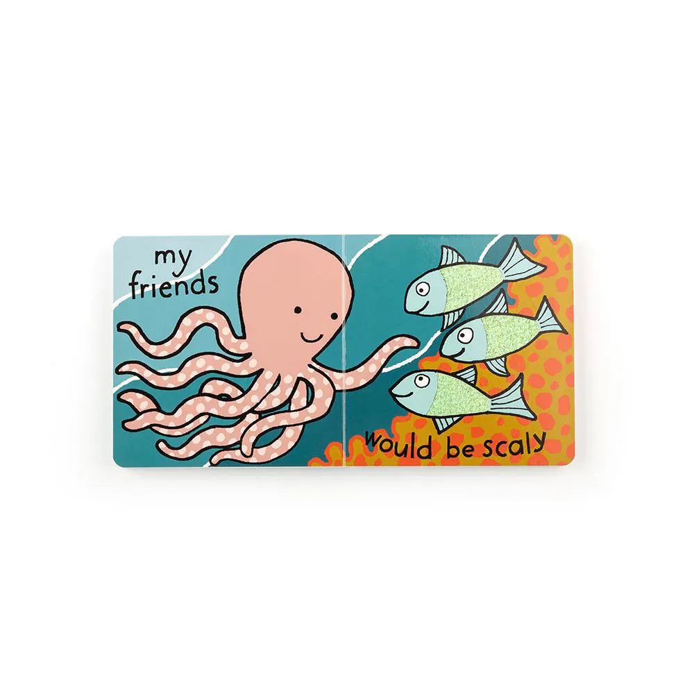 Children's book with an octopus and fish illustration on a white background