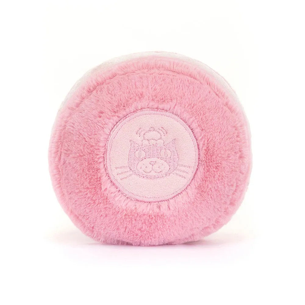 Pink plush toy with a logo on a white background