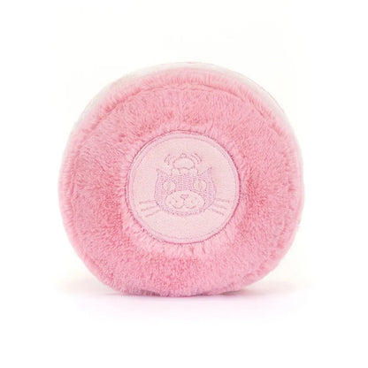 Pink plush toy with a logo on a white background