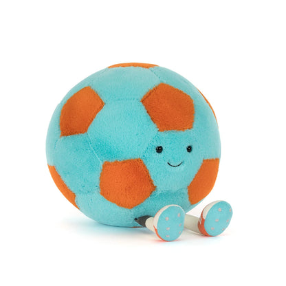 Jellycat Football/Soccer Ball in Blue and Orange, Angle