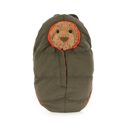 Jellycat Bartholomew Bear with Hiking Outfit, in Sleeping Bag