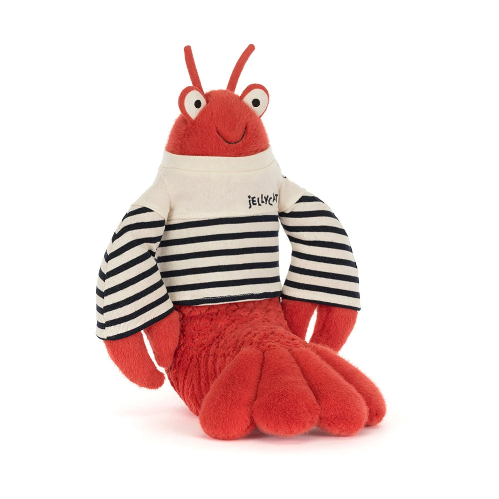 Plush Jellycat Larry the  Lobster with a striped shirt on a white background