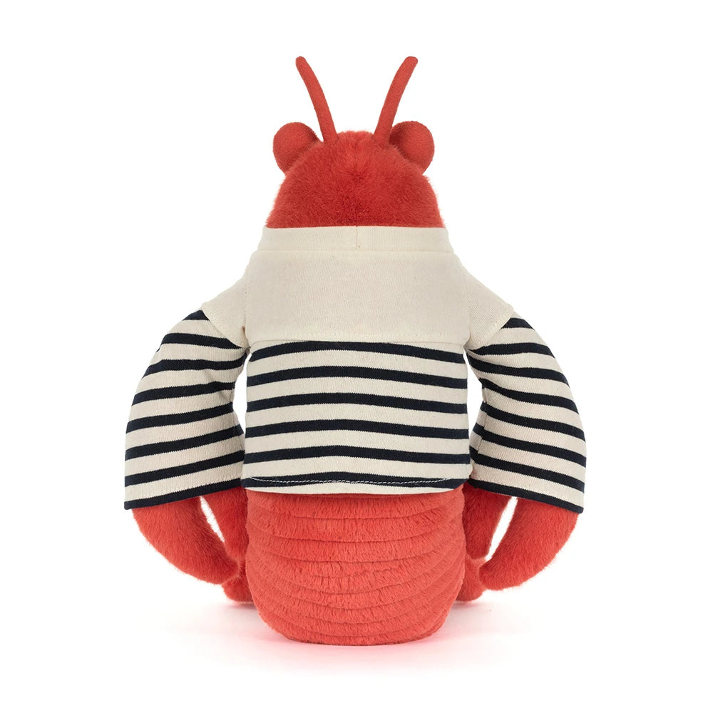 Plush Jellycat Larry the  Lobster with a striped shirt on a white background