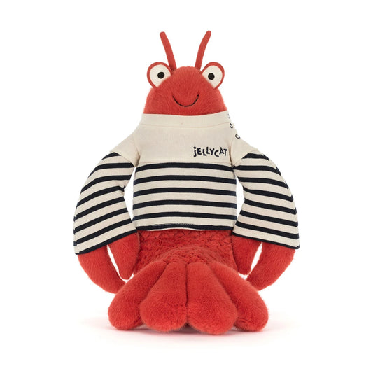 Plush toy lobster wearing a striped shirt with Jellycat branding on a white background
