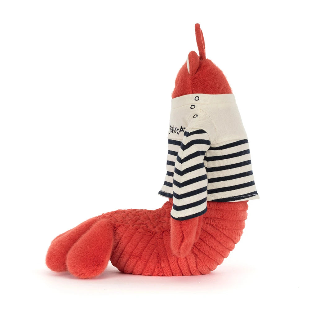 Plush Jellycat Larry the  Lobster with a striped shirt on a white background