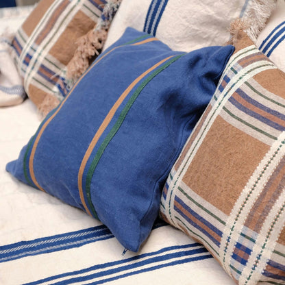 Close-up of decorative pillows with blue, brown, and white stripes on a sofa.