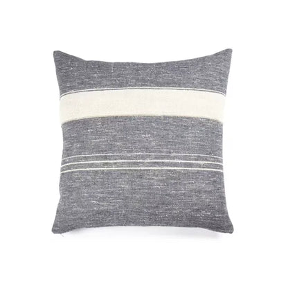 A square throw pillow with a textured gray fabric body and a wide horizontal cream stripe across the middle, accented by thin cream horizontal lines near the bottom, shown on a plain white background.