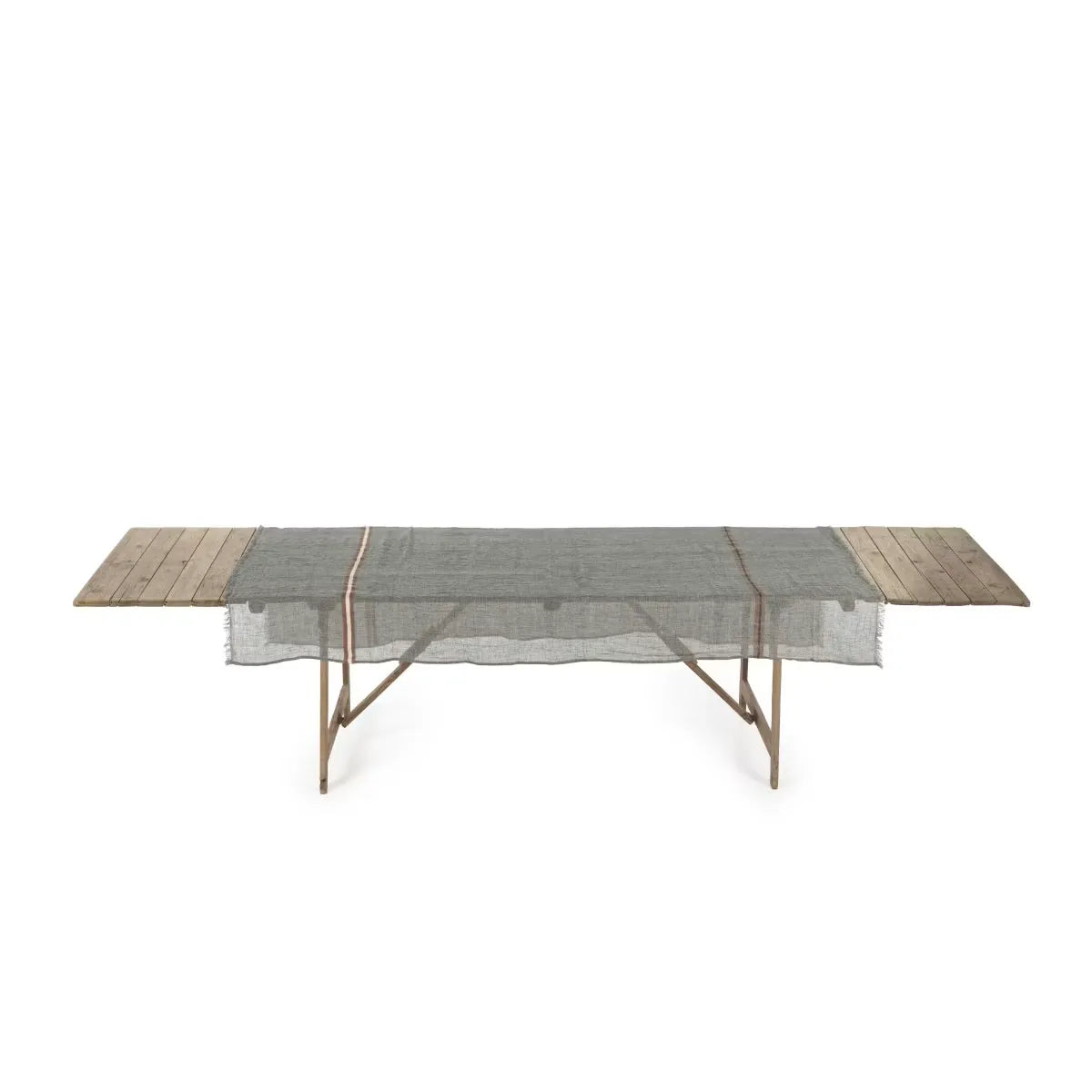 Long rectangular table with wooden ends and a linen grey cloth