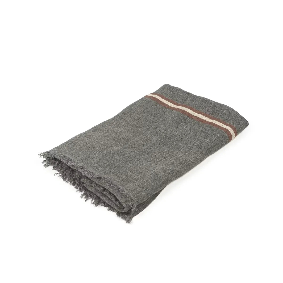 Gray linen towel with a red stripe on a white background