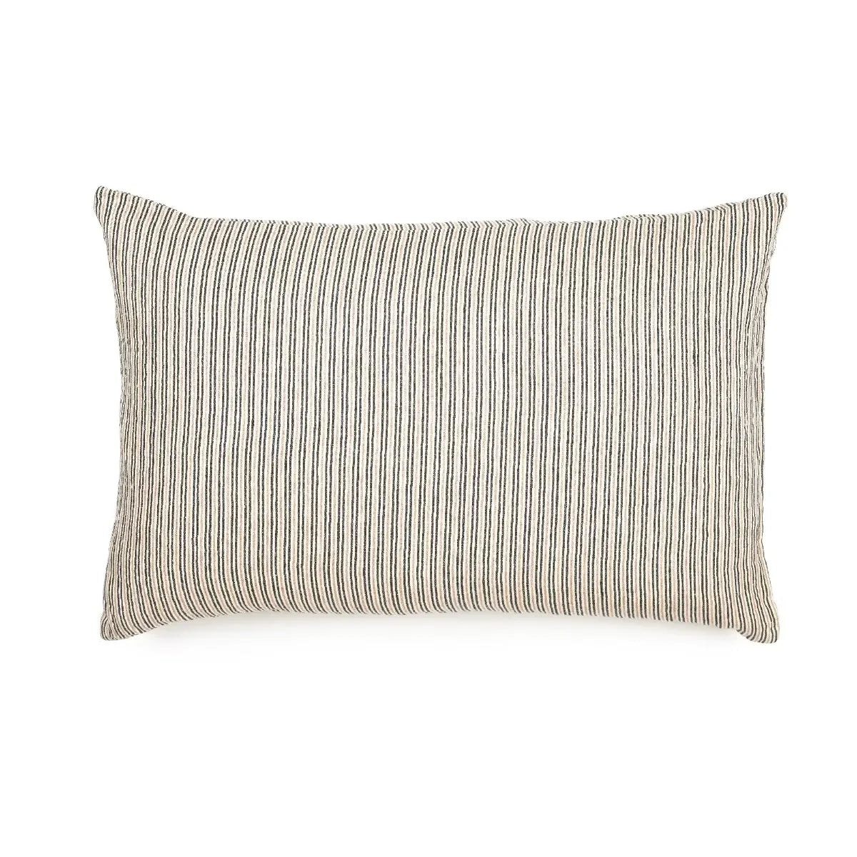 A rectangular lumbar pillow with a vertical stripe pattern in beige and dark brown, shown against a plain white background.