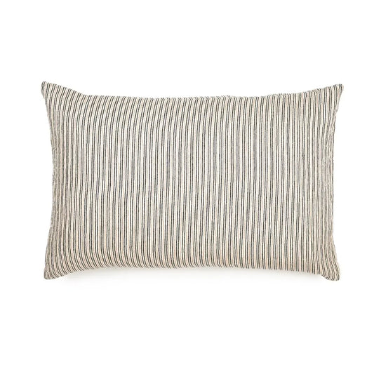 A rectangular lumbar pillow with a vertical stripe pattern in beige and dark brown, shown against a plain white background.