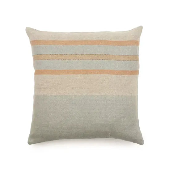 Striped pillow with beige, orange, and gray colors on a white background