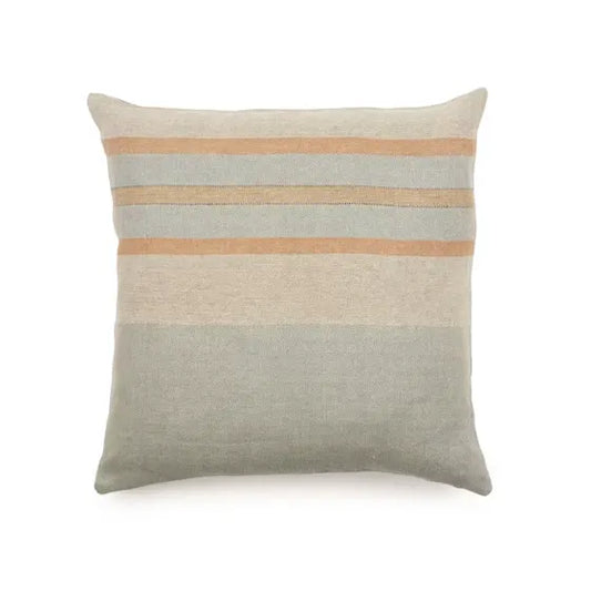 Striped pillow with beige, orange, and gray colors on a white background