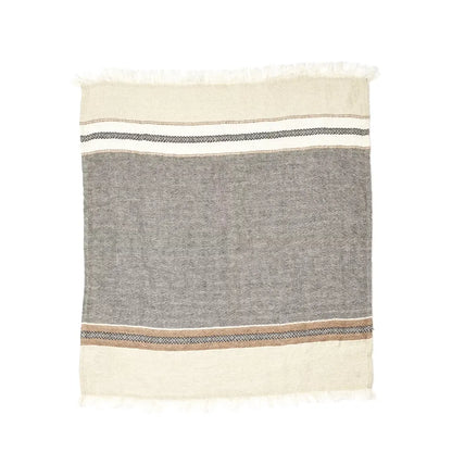 Linen Guest Towel with horizontal stripes in beige, gray, and brown on a white background