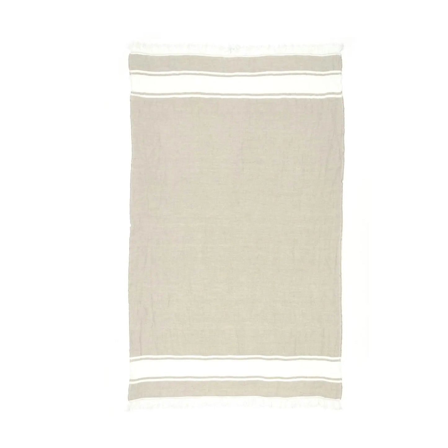 Beige towel with white stripes on a white background