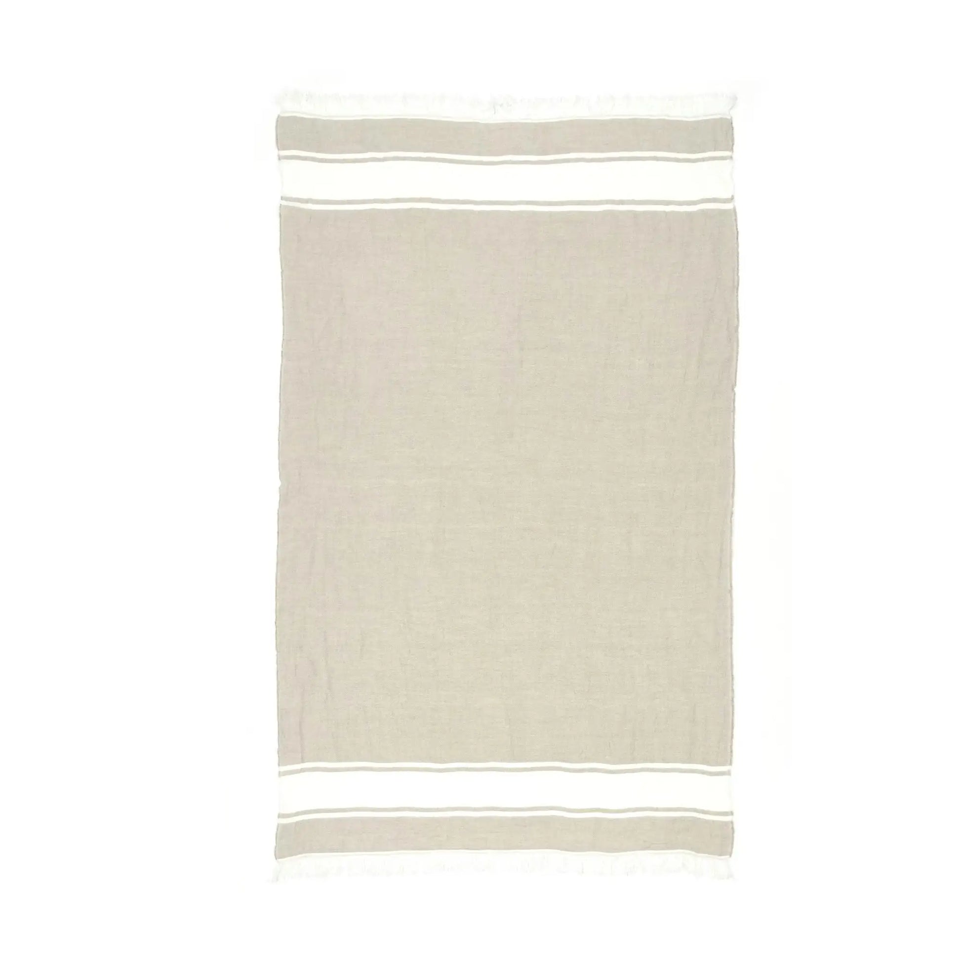 Beige towel with white stripes on a white background