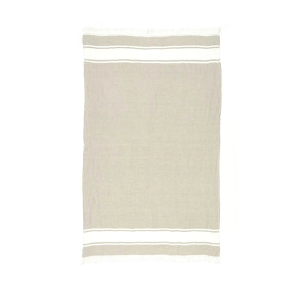 Beige towel with white stripes on a white background