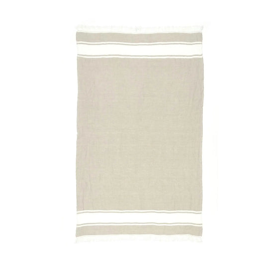 Beige towel with white stripes on a white background
