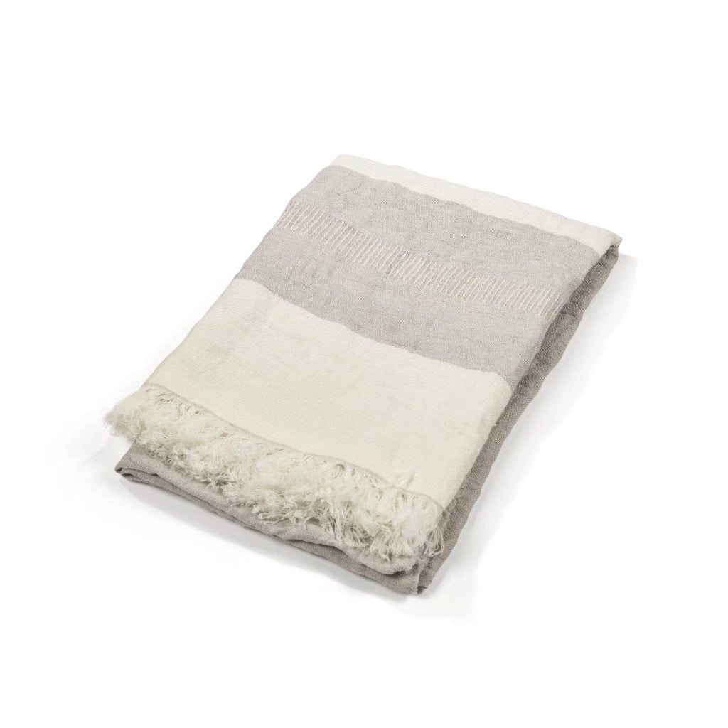 Folded gray and beige blanket on a white background