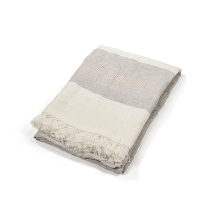 Folded gray and beige blanket on a white background