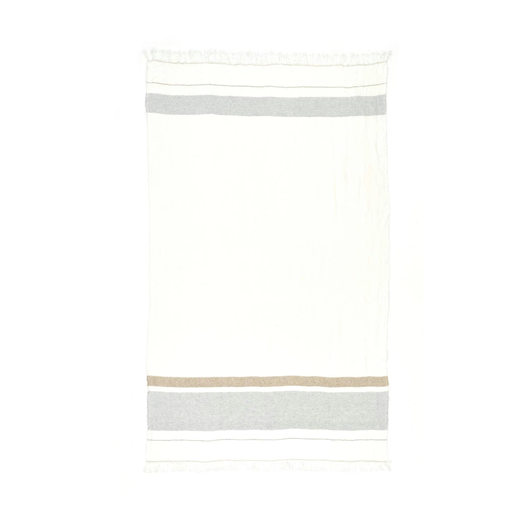 Rectangular rug with horizontal stripes in beige, gray, and white on a white background
