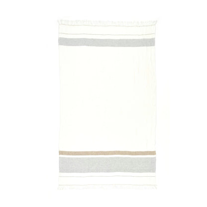 Rectangular rug with horizontal stripes in beige, gray, and white on a white background