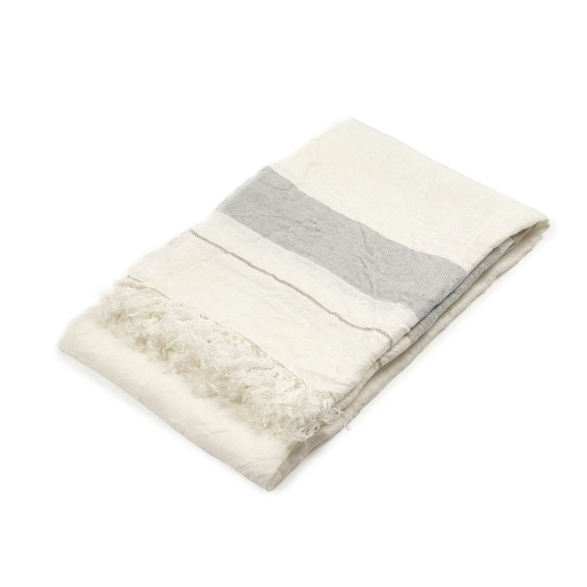 Folded blanket with gray and beige pattern on a white background