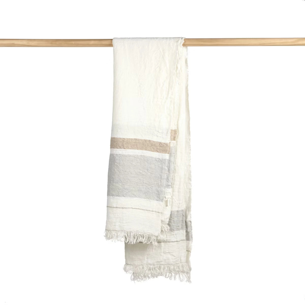 Striped towel hanging on a wooden rod against a white background