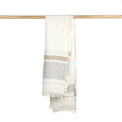 Striped towel hanging on a wooden rod against a white background