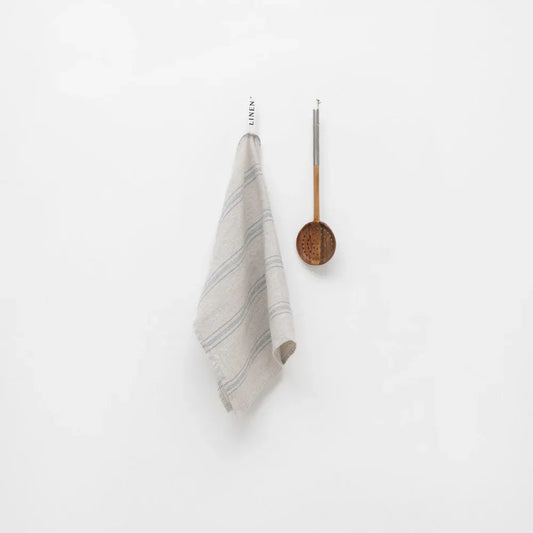light grey-blue striped kitchen towel shown against a clean white background.