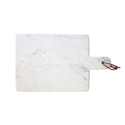 Marble cutting board with a handle on a white background