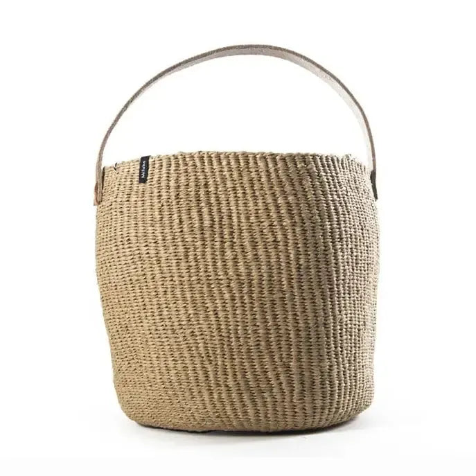 Woven basket with a handle on a white background