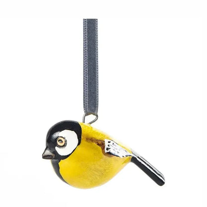 Decorative bird ornament with a yellow body and black head on a white background