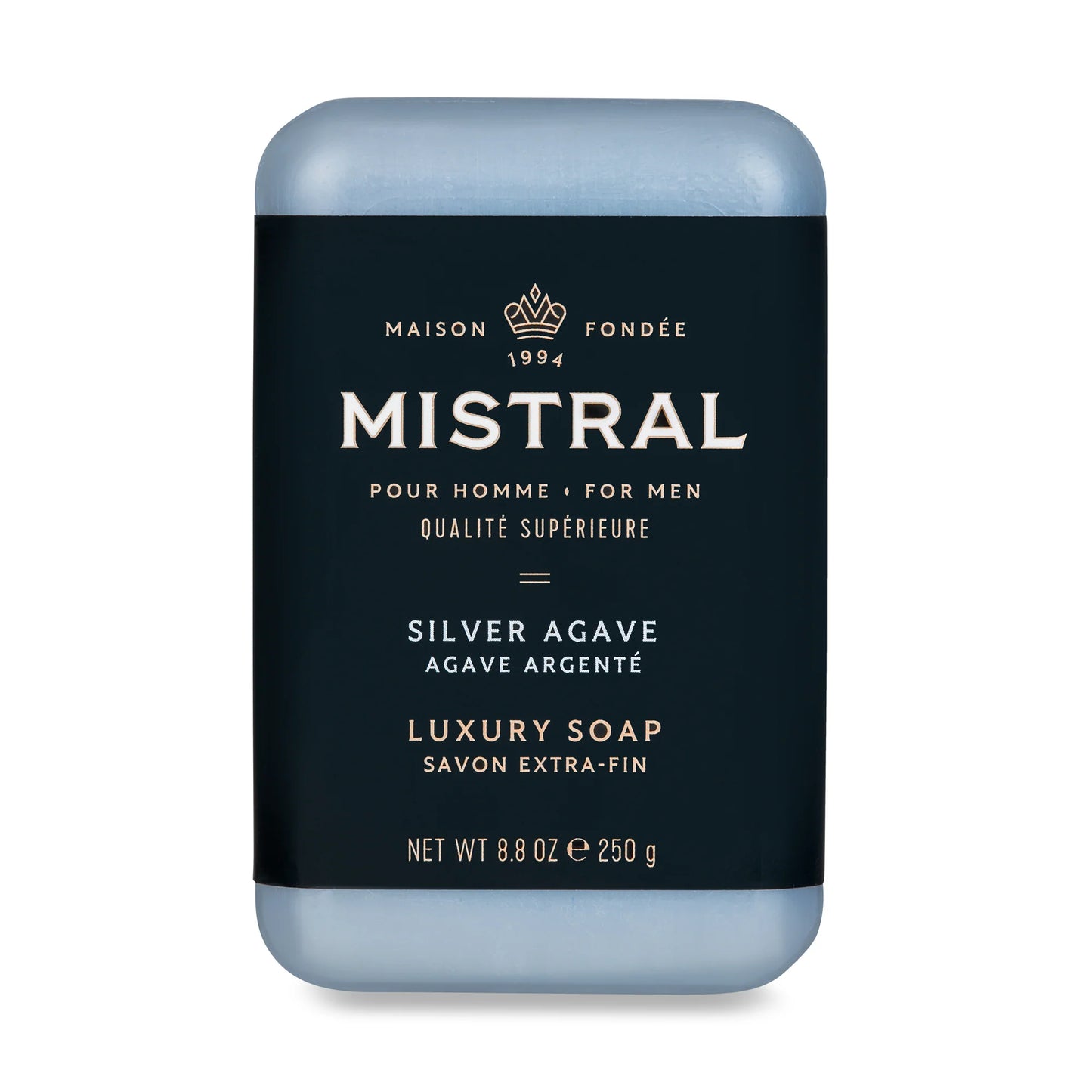Mistral Silver Agave luxury soap bar on a white background