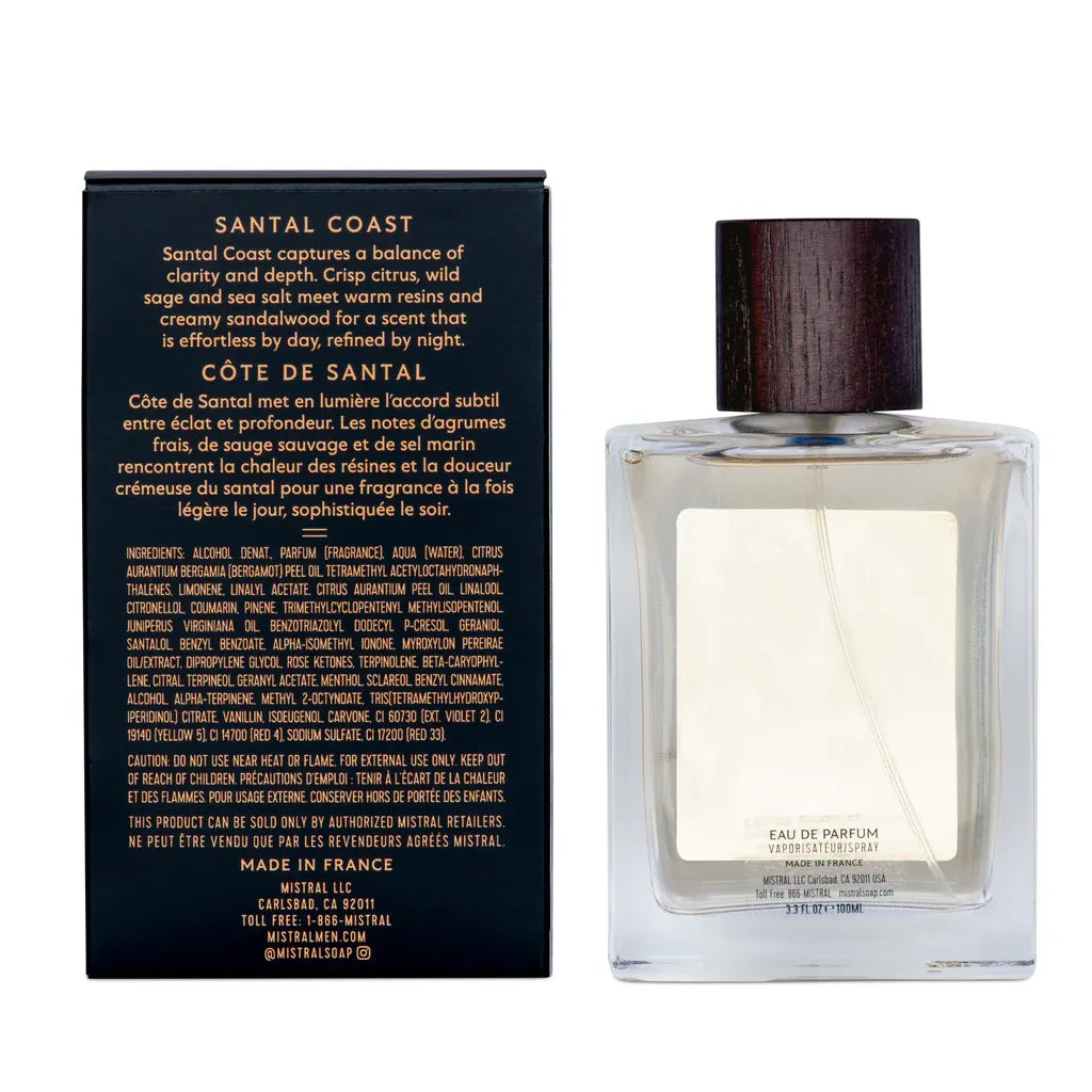 Perfume bottle with its packaging on a white background