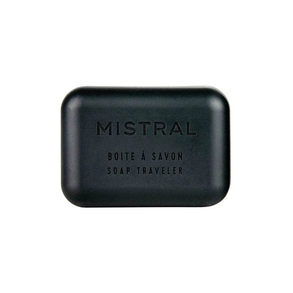 Black soap bar case with 'Mistral' branding on a white background