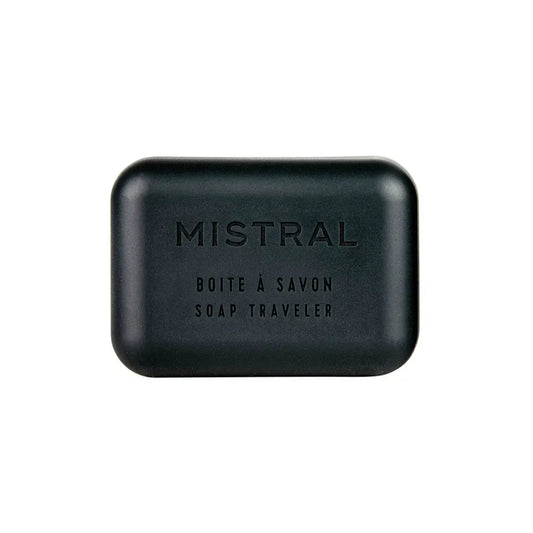 Black soap bar case with 'Mistral' branding on a white background