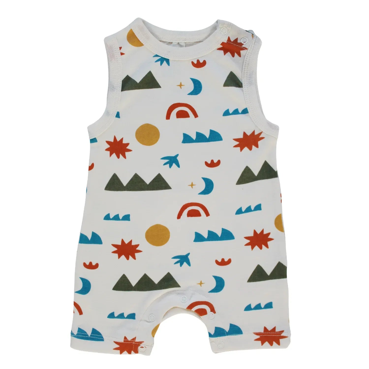 Baby romper with colorful geometric pattern on a white background