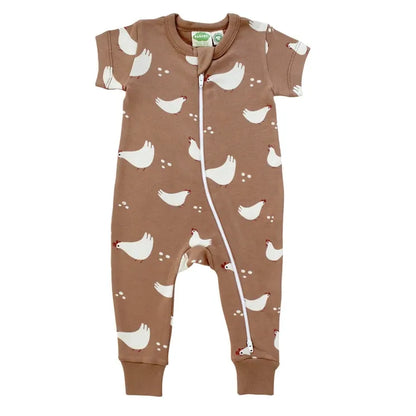 Brown baby onesie with chicken pattern on a white background