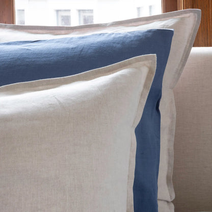 Two pillows with blue and beige patterns on a neutral background