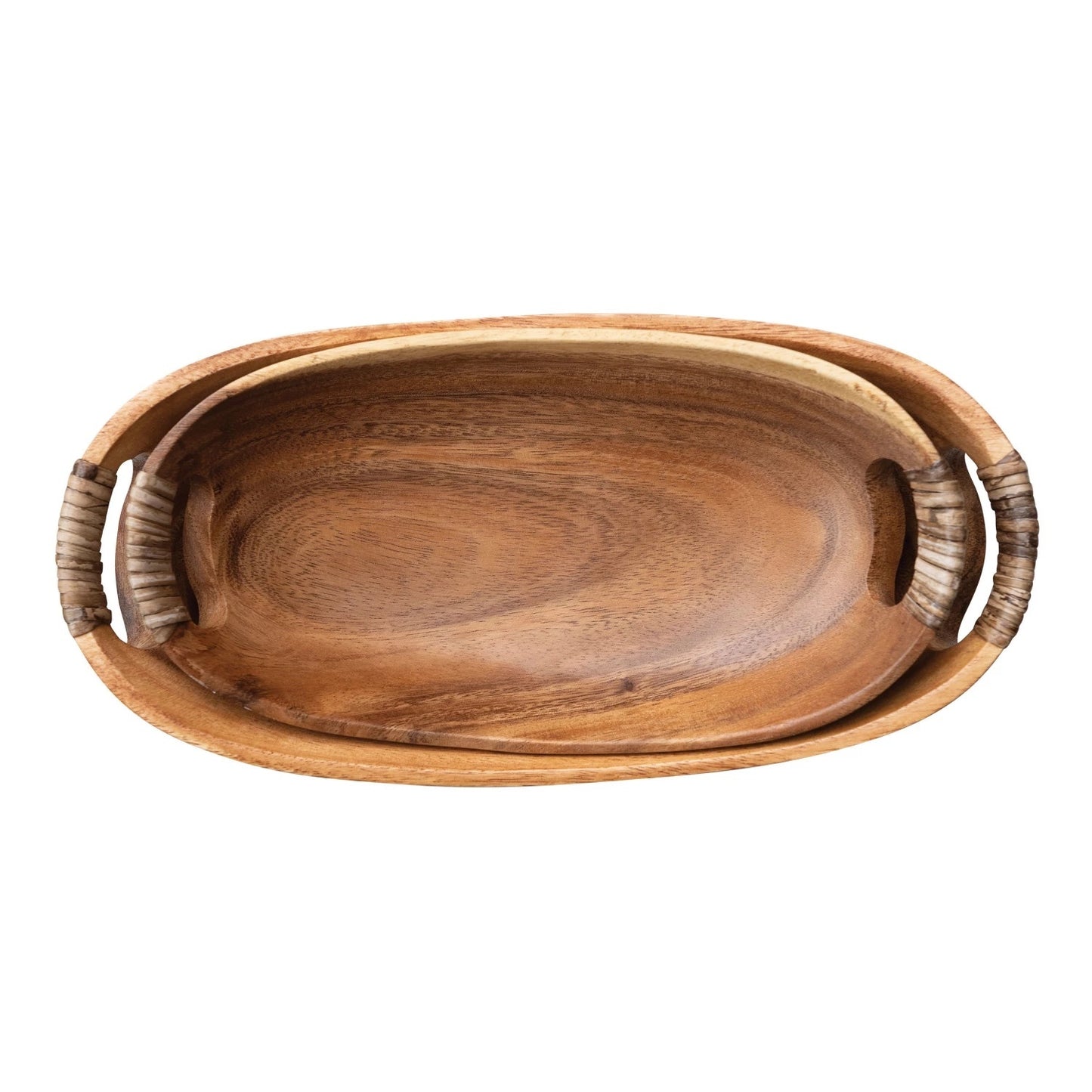 Acacia Wood Bowl with Rattan Wrapped Handles