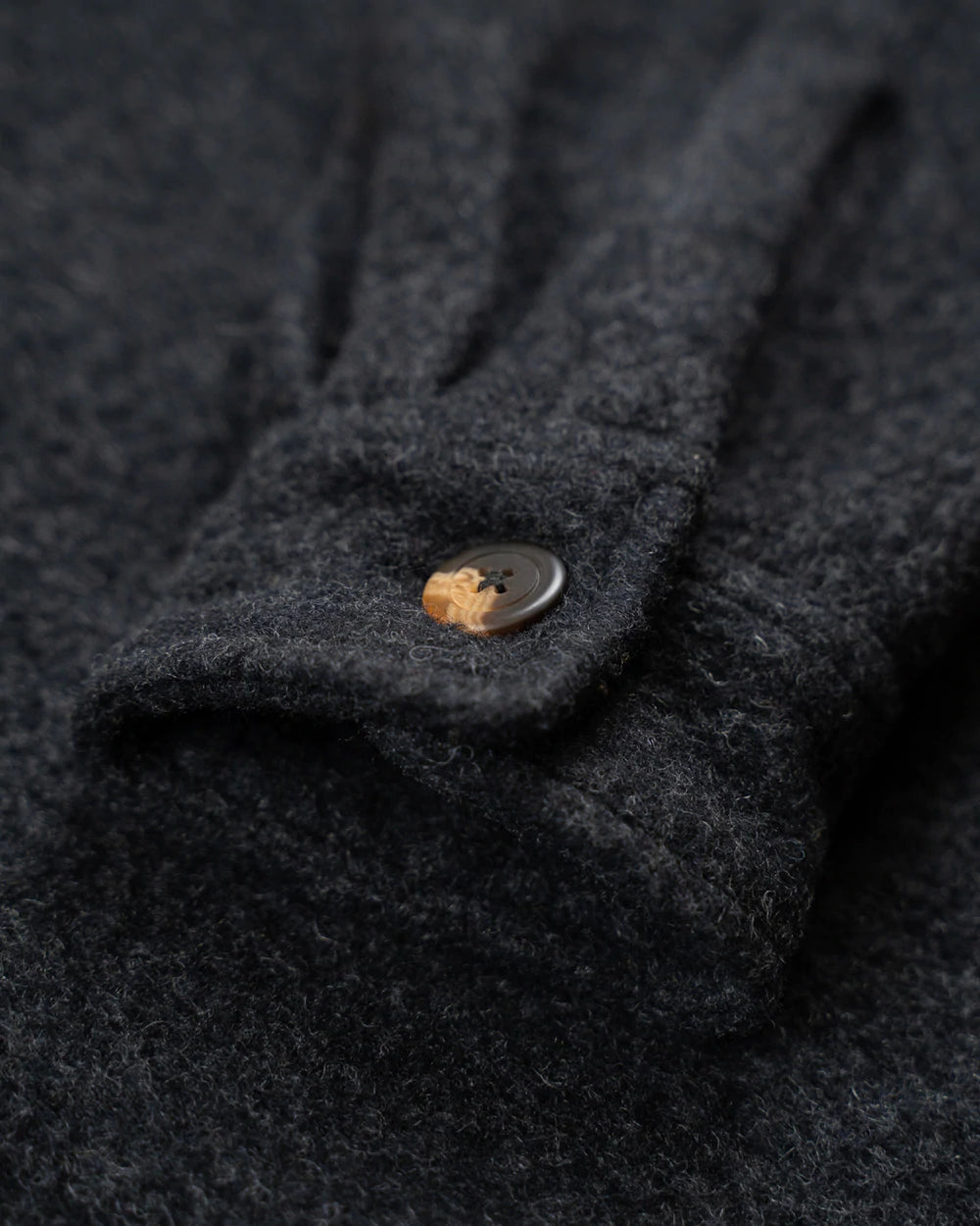Close-up of a dark charcoal gray textured knit garment, showing a folded cuff with a small round brown button.