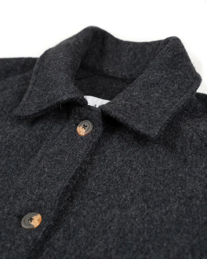 Close-up of a dark charcoal gray wool-blend collared jacket with brown buttons, showing the collar and upper chest detail against a white background.